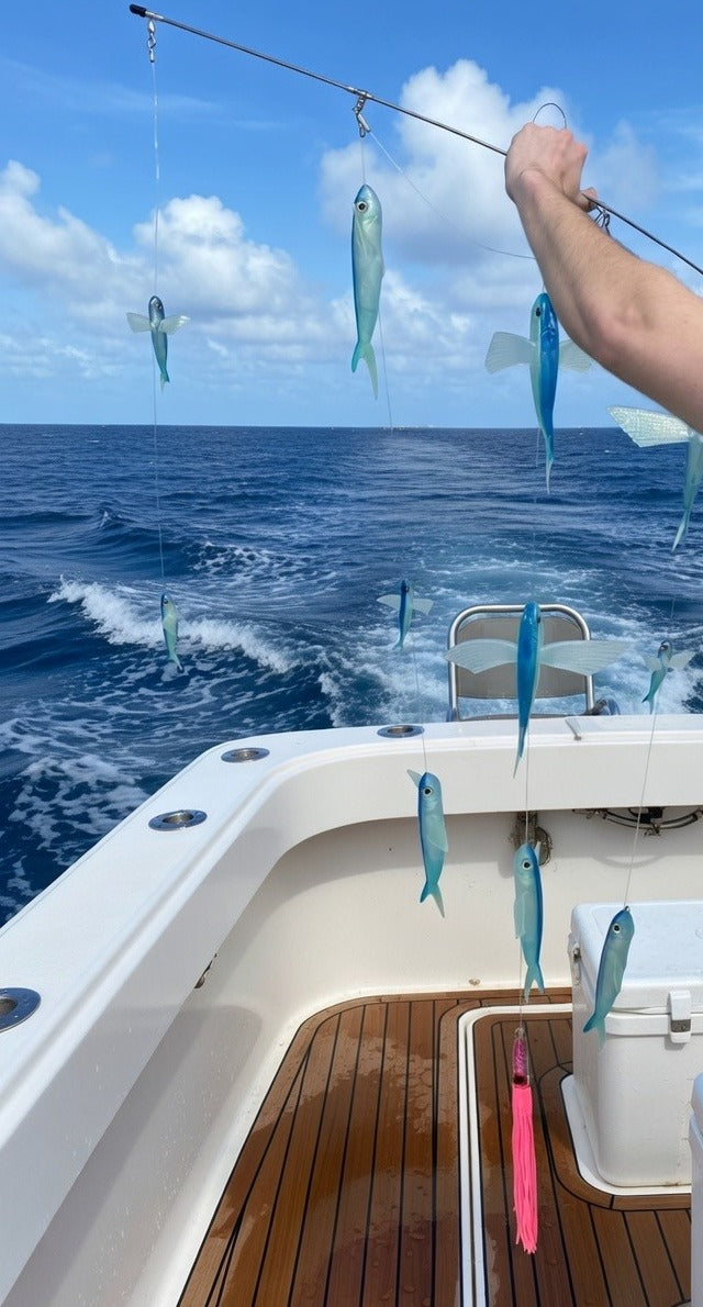 Lifestyle photo of Epic Fishing Co flying fish spreader dredge bar offshore on boat