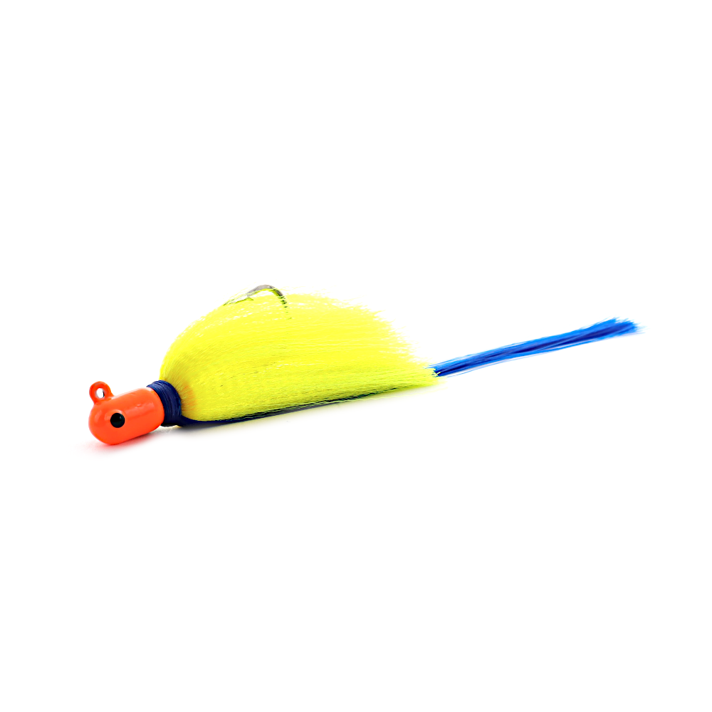 R and R Flarehawk Bucktail Jig Orange Chartreuse Blue