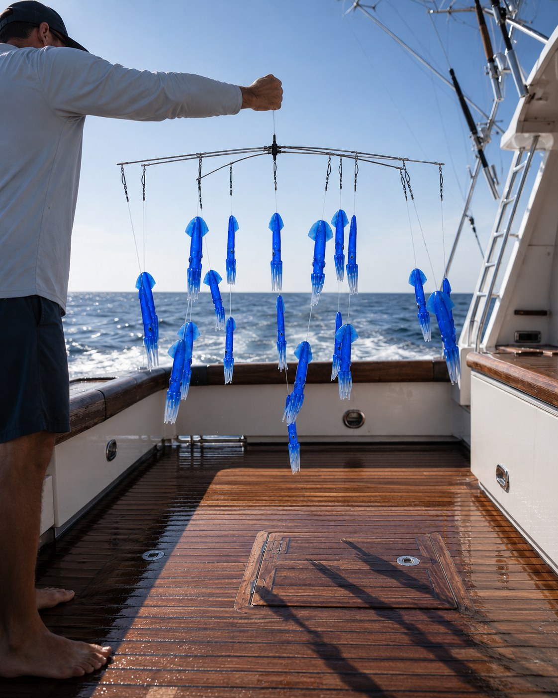Compact Squid Dredge in blue held over the gunwale offshore | Epic Fishing Co.