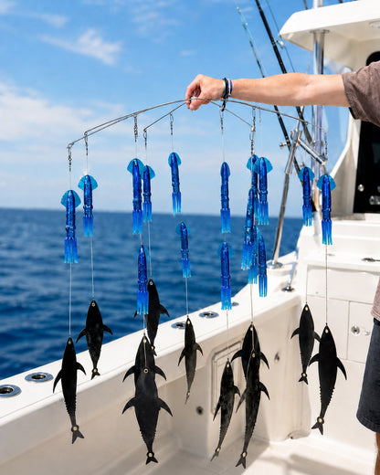 Squid and Flaps Dredge in blue with tuna flapz held offshore | Epic Fishing Co.