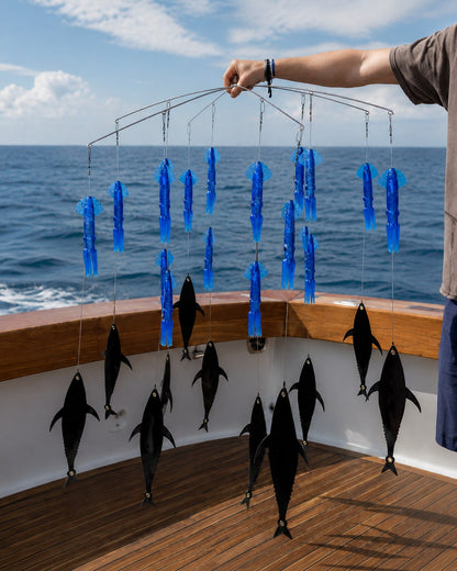 Squid and Flaps Dredge in blue with tuna flapz on the boat | Epic Fishing Co.
