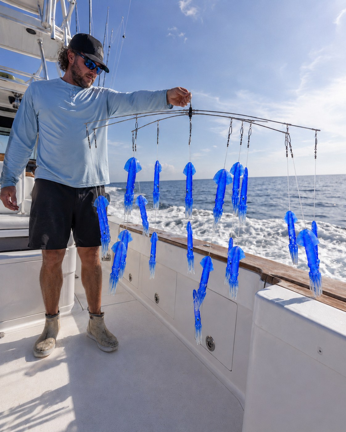 Angler holding the blue Compact Squid Dredge on the boat | Epic Fishing Co.