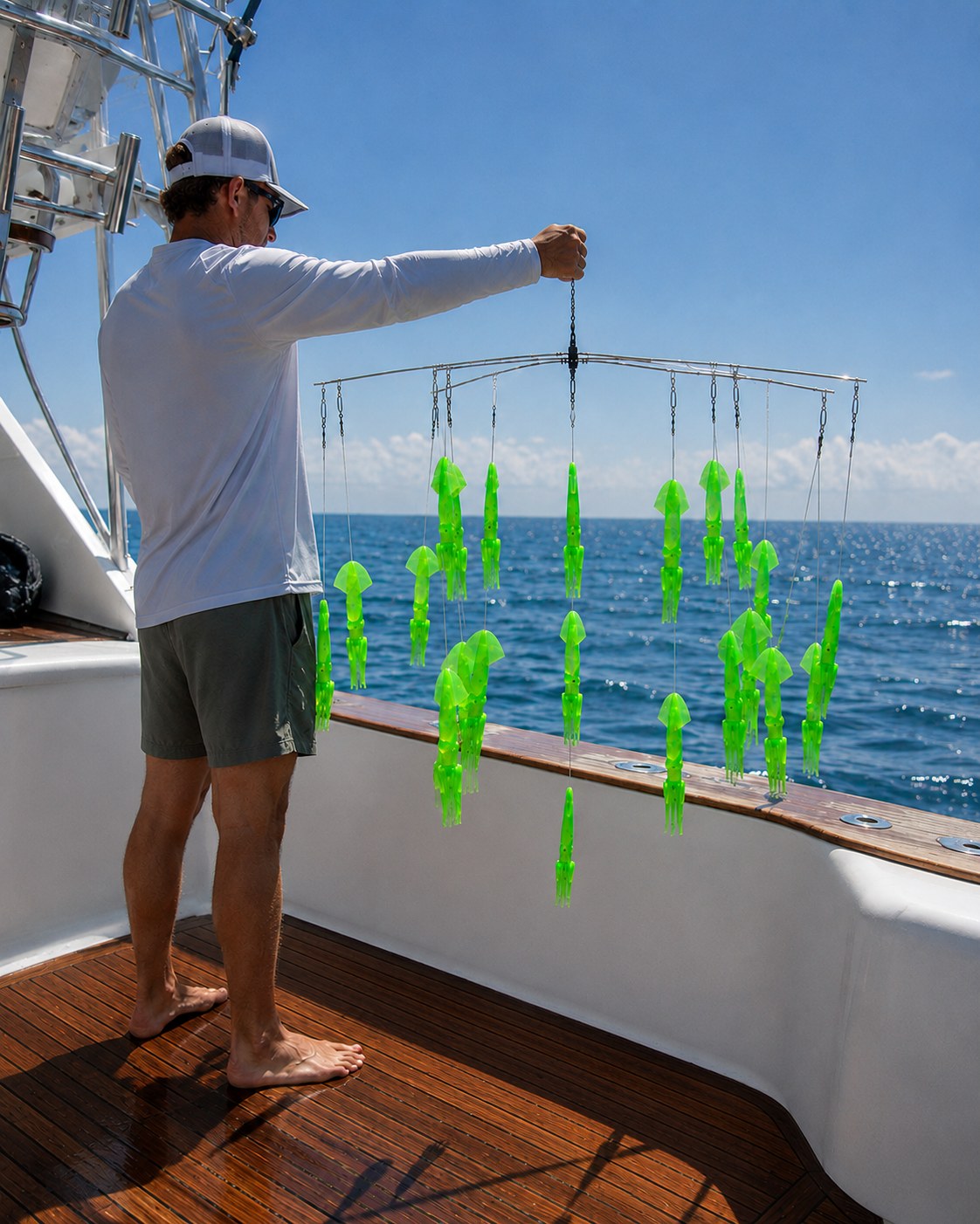 Compact Squid Dredge in green held over the gunwale offshore | Epic Fishing Co.