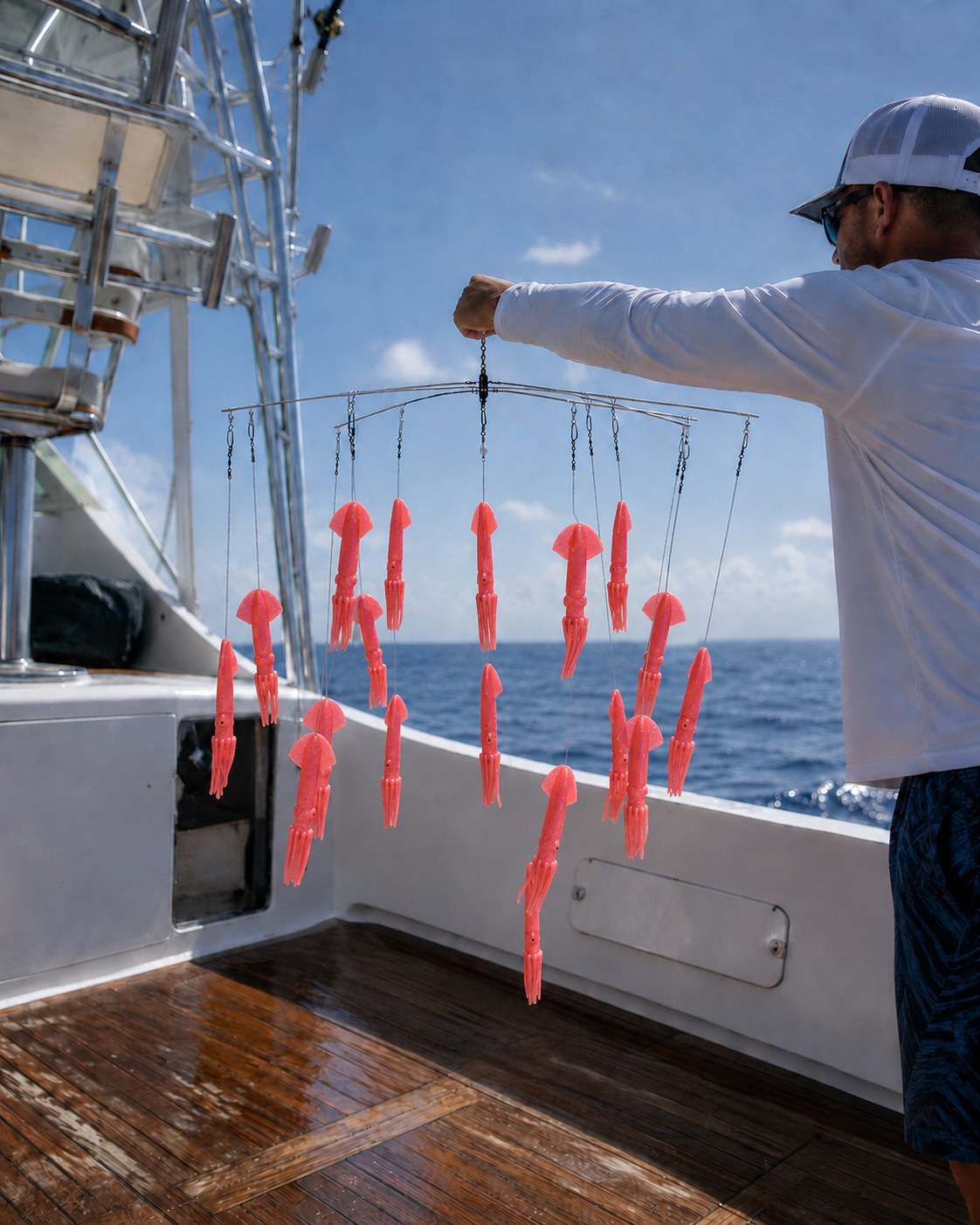 Compact Squid Dredge in pink held over the gunwale offshore | Epic Fishing Co.