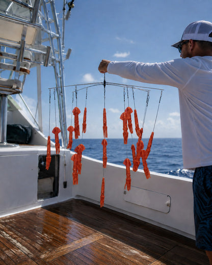 Compact Squid Dredge in red rigged and hanging offshore | Epic Fishing Co.